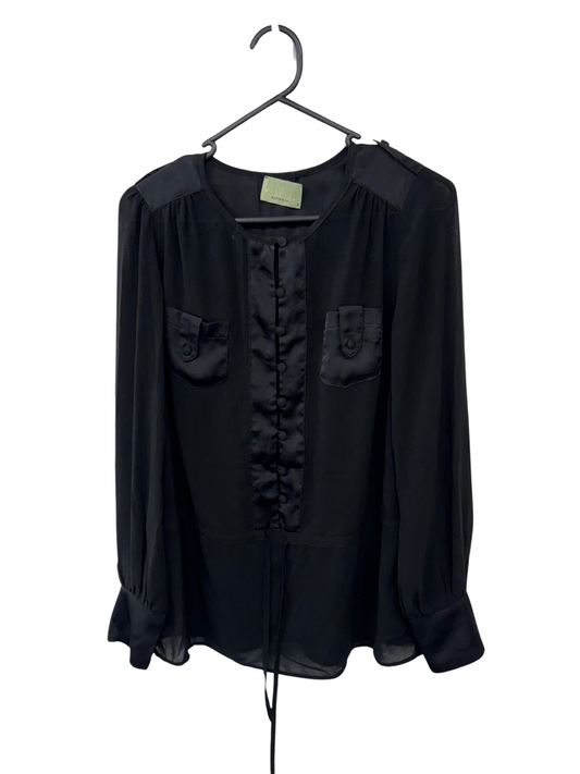 Black Sheer Button Up Long Sleeve Top with Drawstring