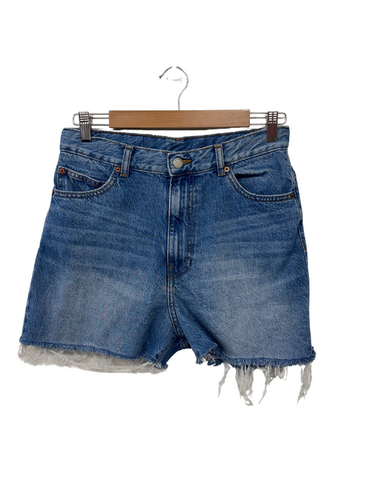 Blue Denim Highwaisted Raw Hem Distressed Shorts #4