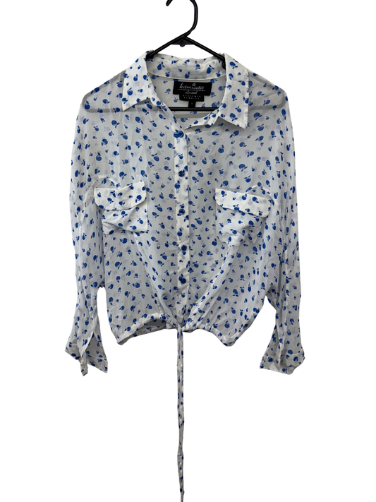 White & Blue Apple Print Sheer Long Sleeve Batwing Button Up Boxy Shirt
