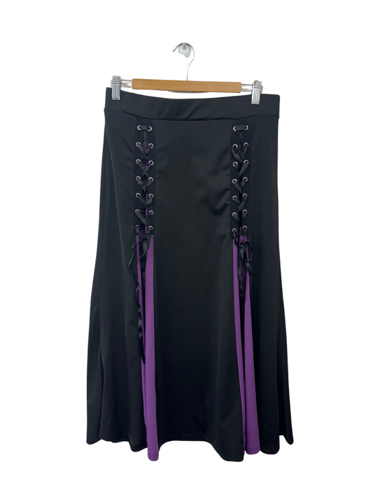 Black & Purple Gothic Lace Up Midi Skirt