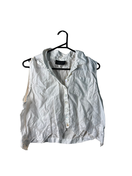 Vintage White Sleeveless Crochet Button Up Crop Top