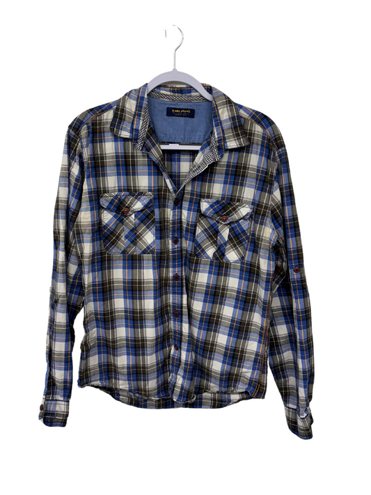 Black, Blue, White, Yellow Long Sleeve Button Up Shirt