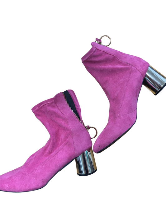 Hot Pink Faux Suede Gold Heel Boots
