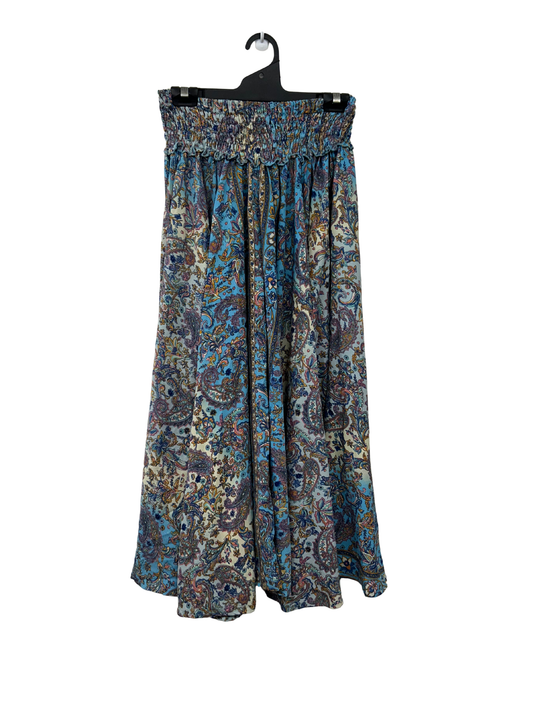 Blue & Multicolour Paisley Print Pants with Ruched Waist