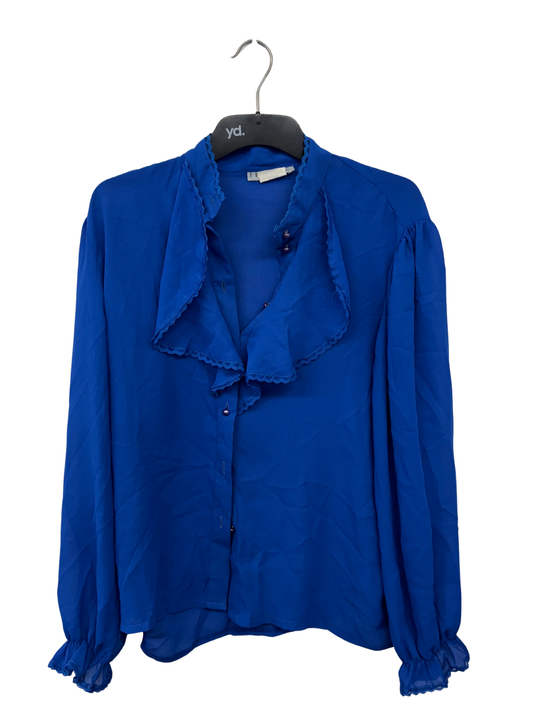 Vintage Semi-Sheer Blue Long Sleeve Button Up Top with Ruffles