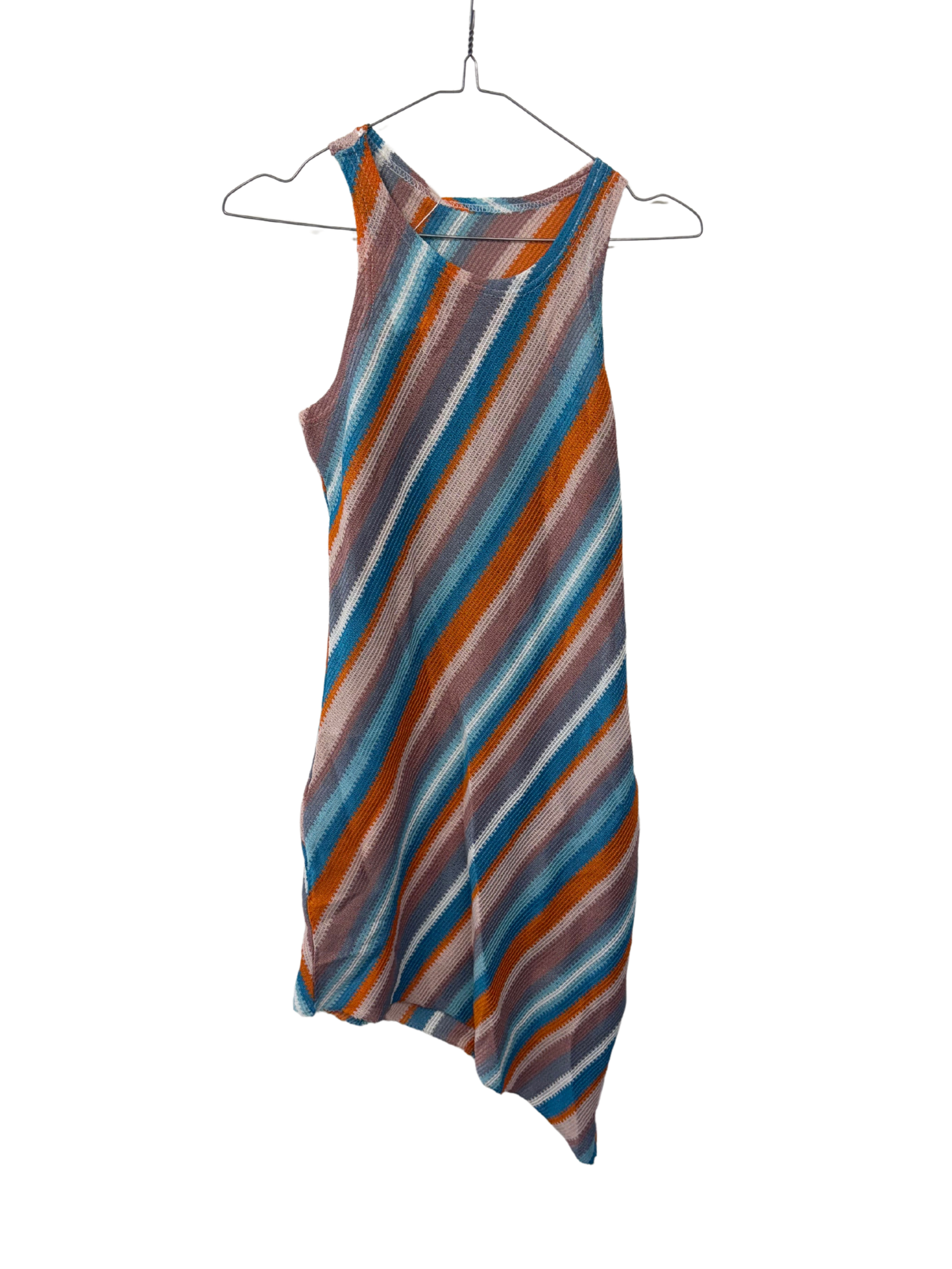 Blue, Orange, Cream Diagonal Stripe Sleeveless Asymmetrical Dress