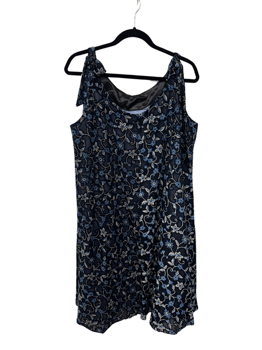 Vintage Dark Blue & Cream Burnout Velvet Tie Strap Knee Length Dress