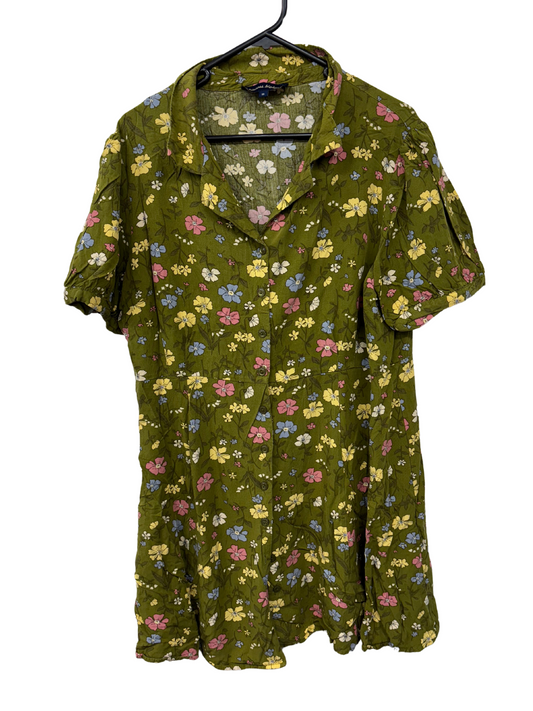 Green Short Sleeve Button Up Dress with Yellow & Blue Floral Print