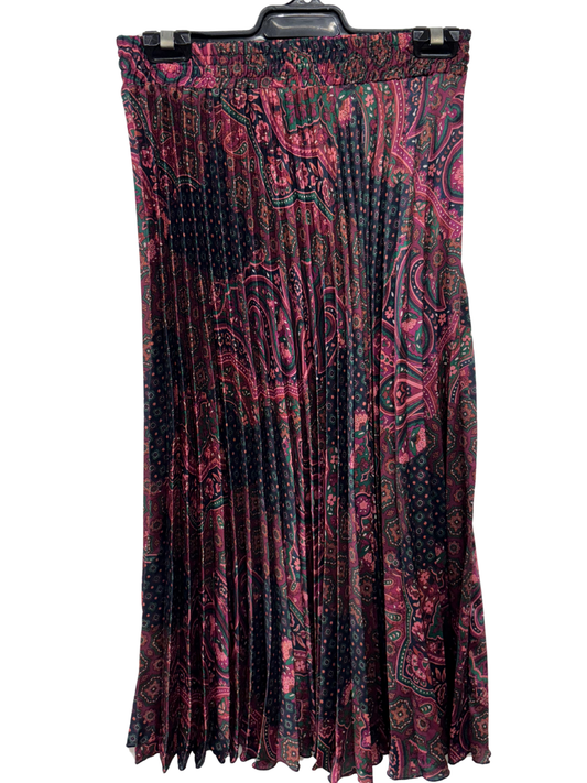 Hot Pink, Blue Paisley Elastic Waist Pleated Midi Skirt