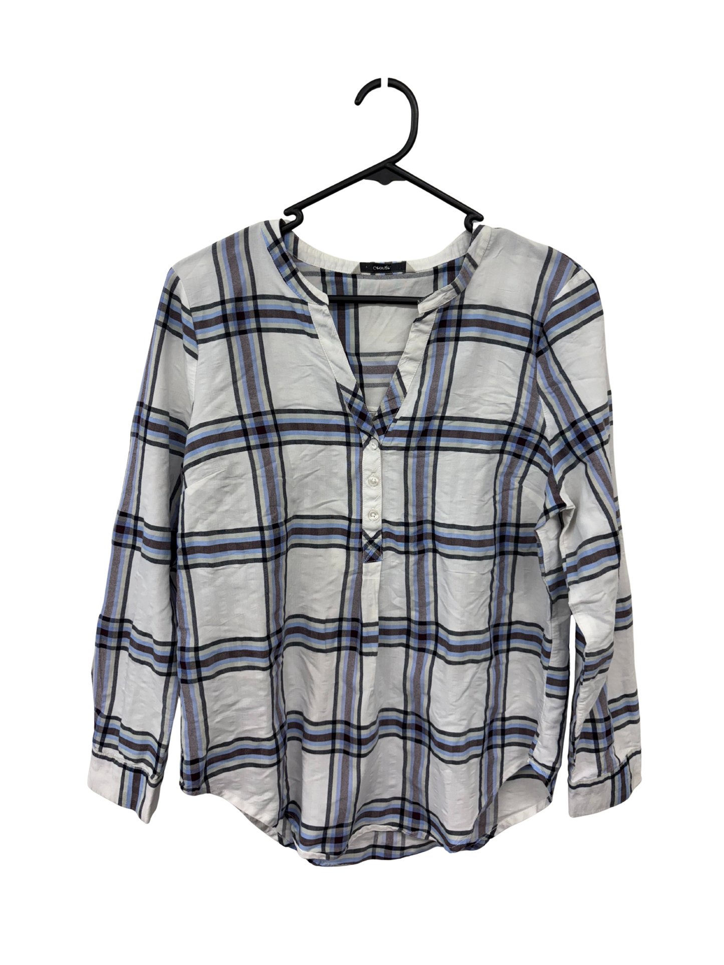 White, Blue & Black Checkered Long Sleeve Shirt with Buttons