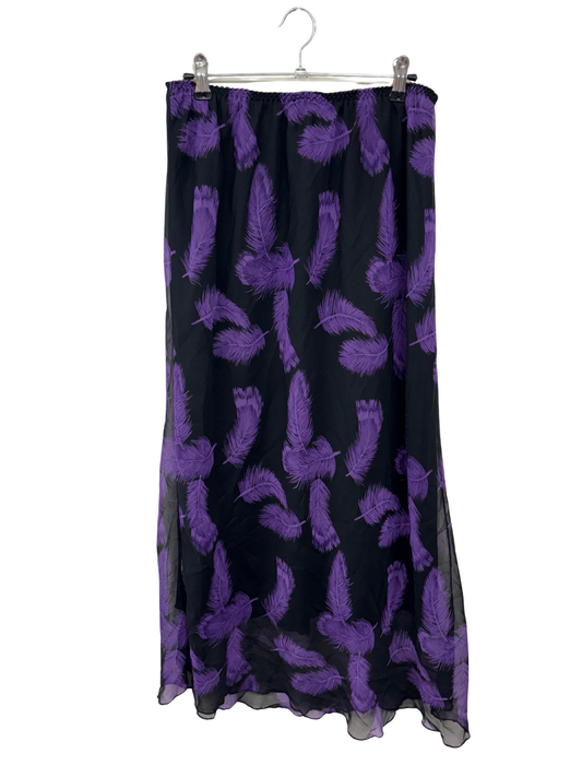 Vintage Purple & Black Feather Print Midi Skirt