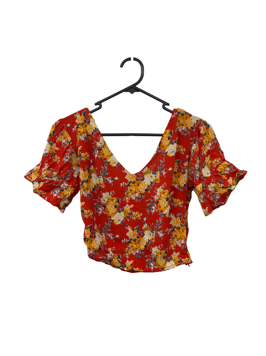 Red, Yellow & White Floral Print Short Sleeve Cropped Top