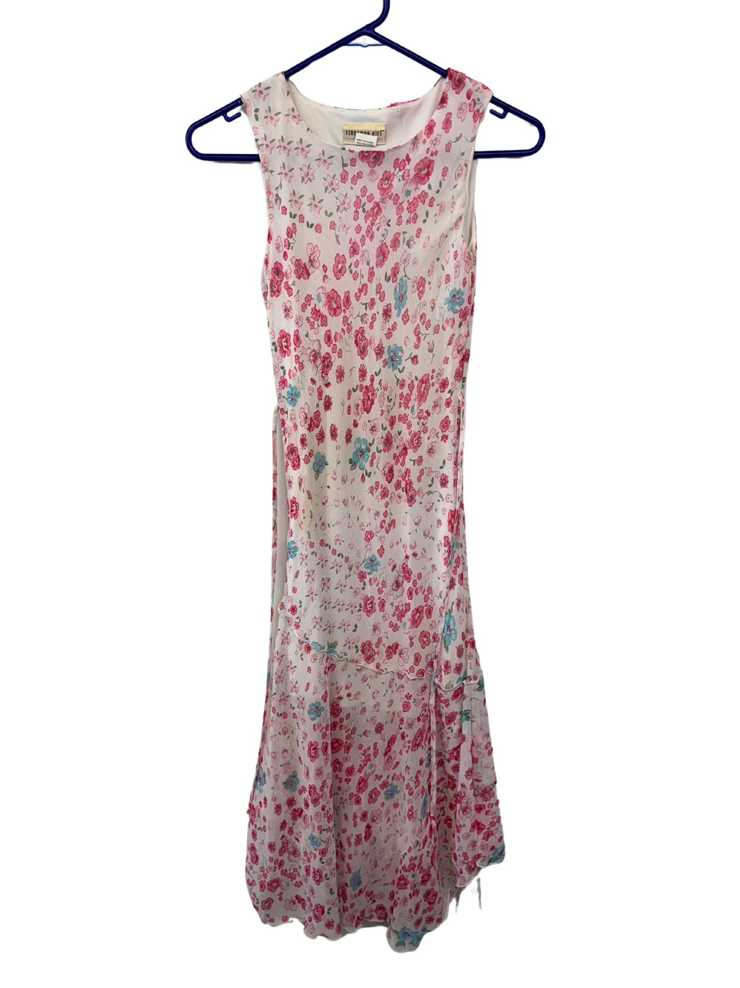 White, Pink, Blue Floral Print Sleeveless Maxi Slip Dress