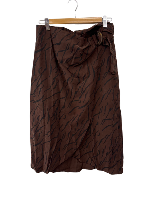 Dark Brown & Black Squiggle Print Wrap Midi Skirt