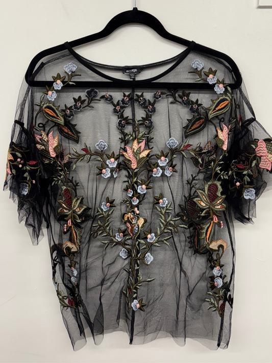 Black Sheer Mesh Short Ruffle Sleeve Top with Floral Embroidery