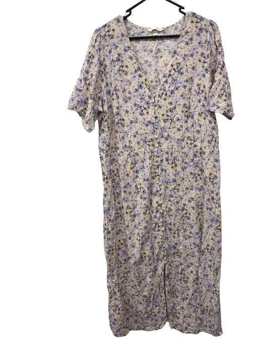 Cream, Purple Floral Print Short Sleeve Midi Button Up Dress