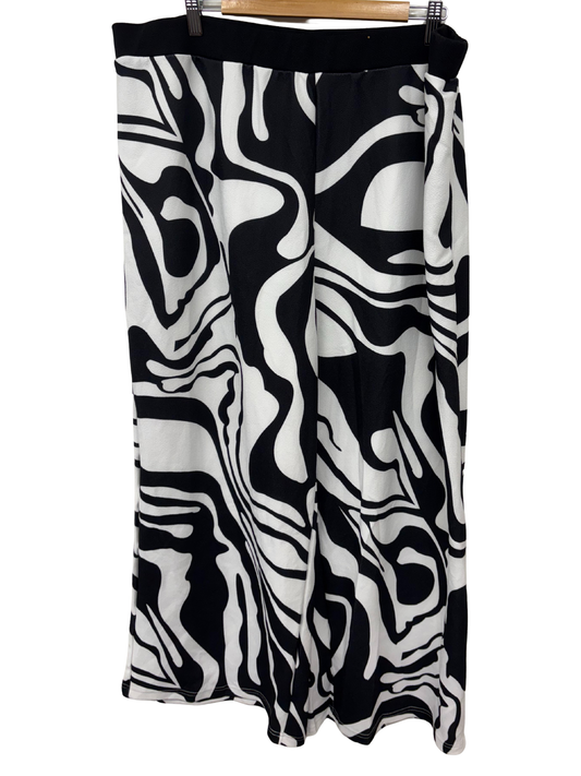 Black & White Swirl Print Wide Leg Elastic Waist Pants