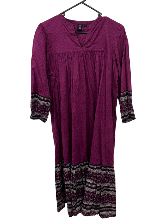 Dark Pink Long Sleeve Oversize Midi Dress with Pattern Hems