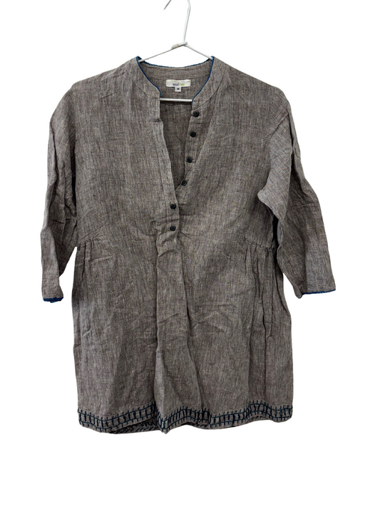 Brown/Grey 3/4 Sleeve Top with Blue Trim
