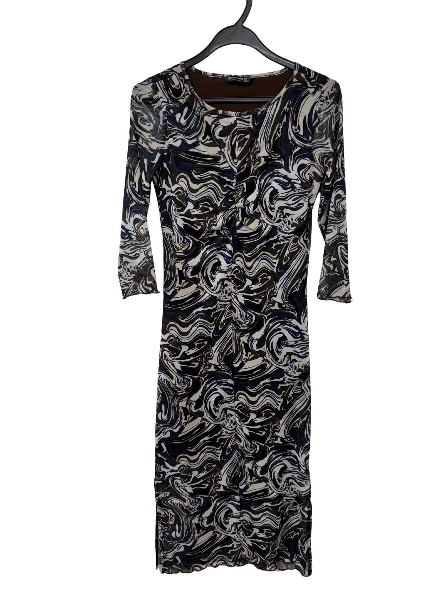 White, Brown & Blue Marble Print Mesh Long Sleeve Midi Dress