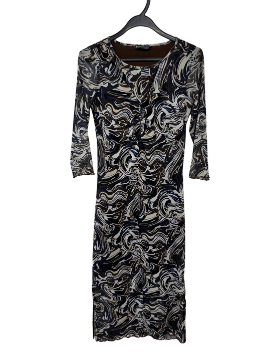 White, Brown & Blue Marble Print Mesh Long Sleeve Midi Dress