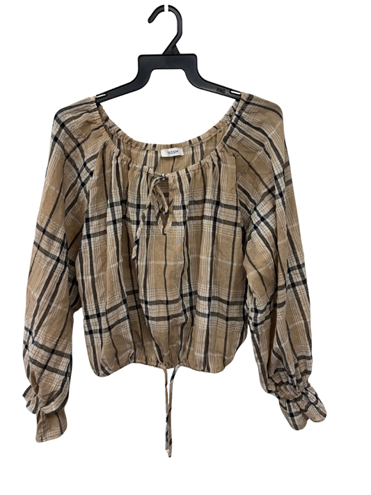 Light Brown, White, Black Check Long Sleeve Crop Top