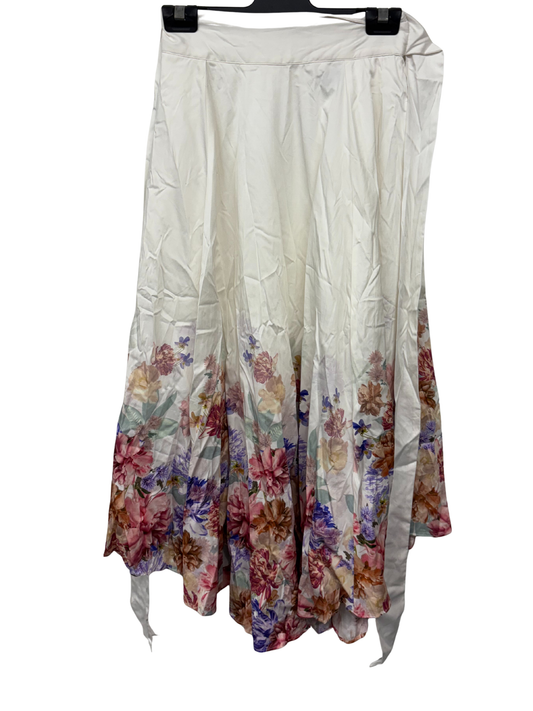White Midi Skirt with Belt and Pink/Purple Floral Hem