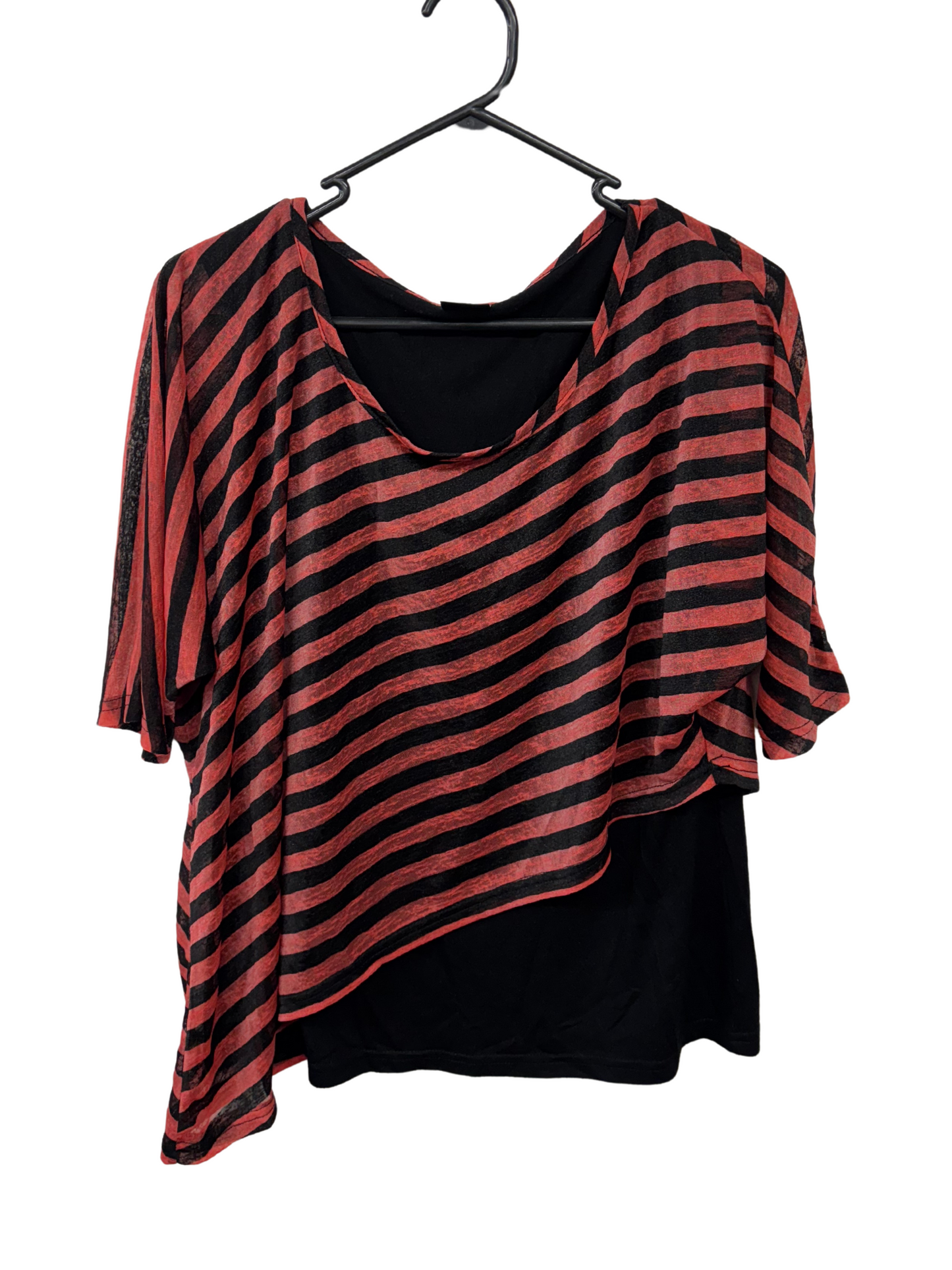 00s Black & Red Striped Short Sleeve Batwing Top