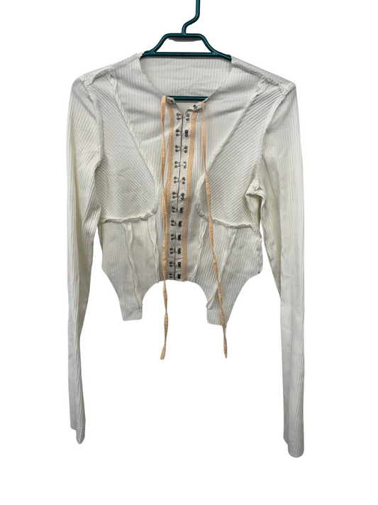 White Long Sleeve Raw Hem Panel Top