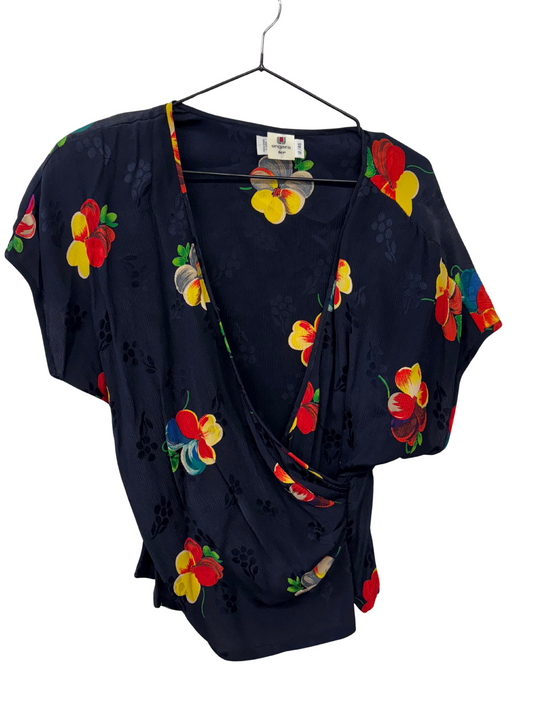 Vintage Dark Blue, Red & Yellow Floral Print Short Sleeve Faux Wrap Top