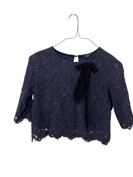 Dark Blue Half Sleeve Lace Top with Black Bow