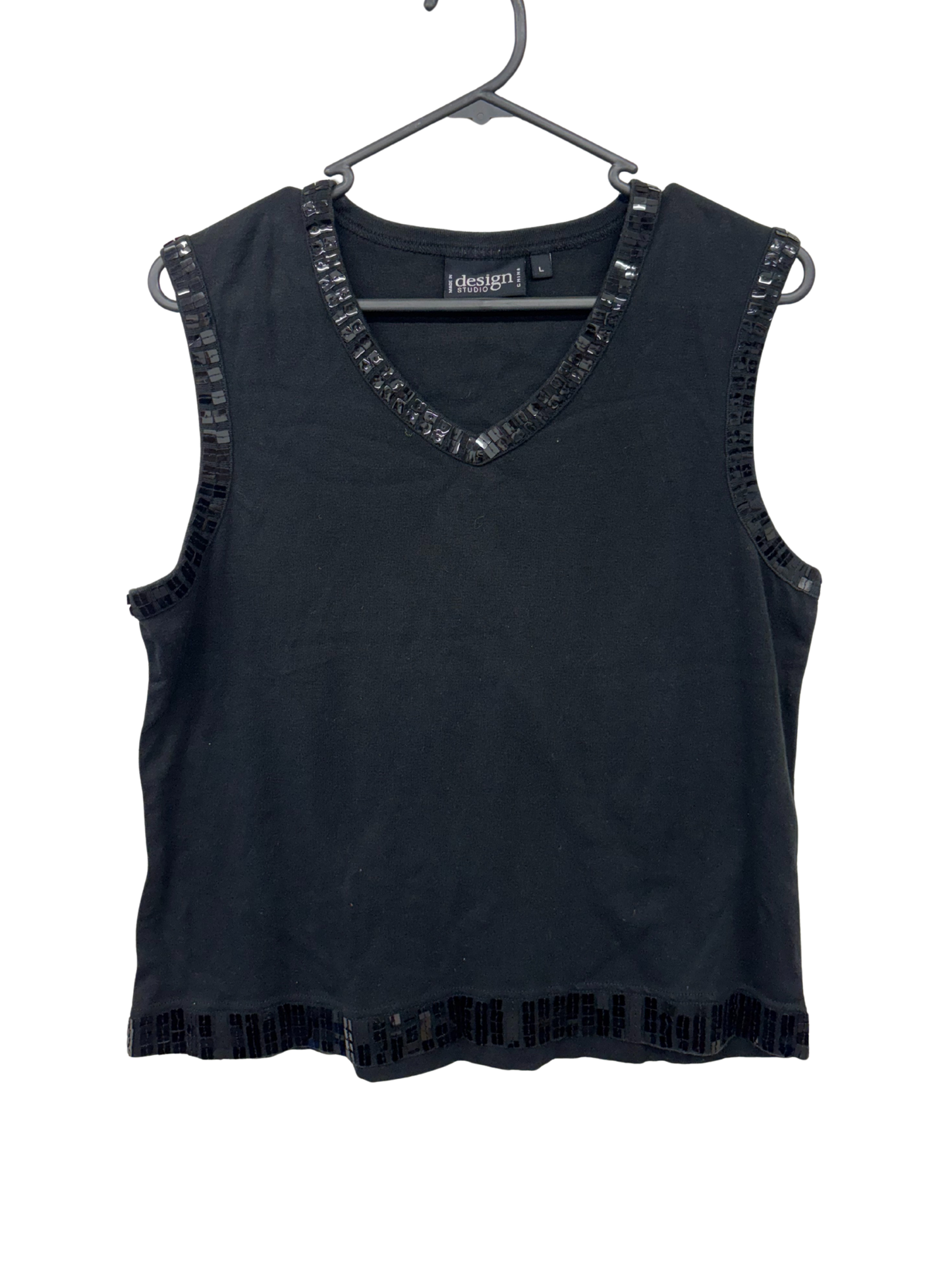 Vintage Black Sleeveless V Neck Top with Sequins