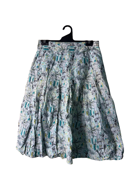 00s White, Green, Black City Print Knee Length Skirt
