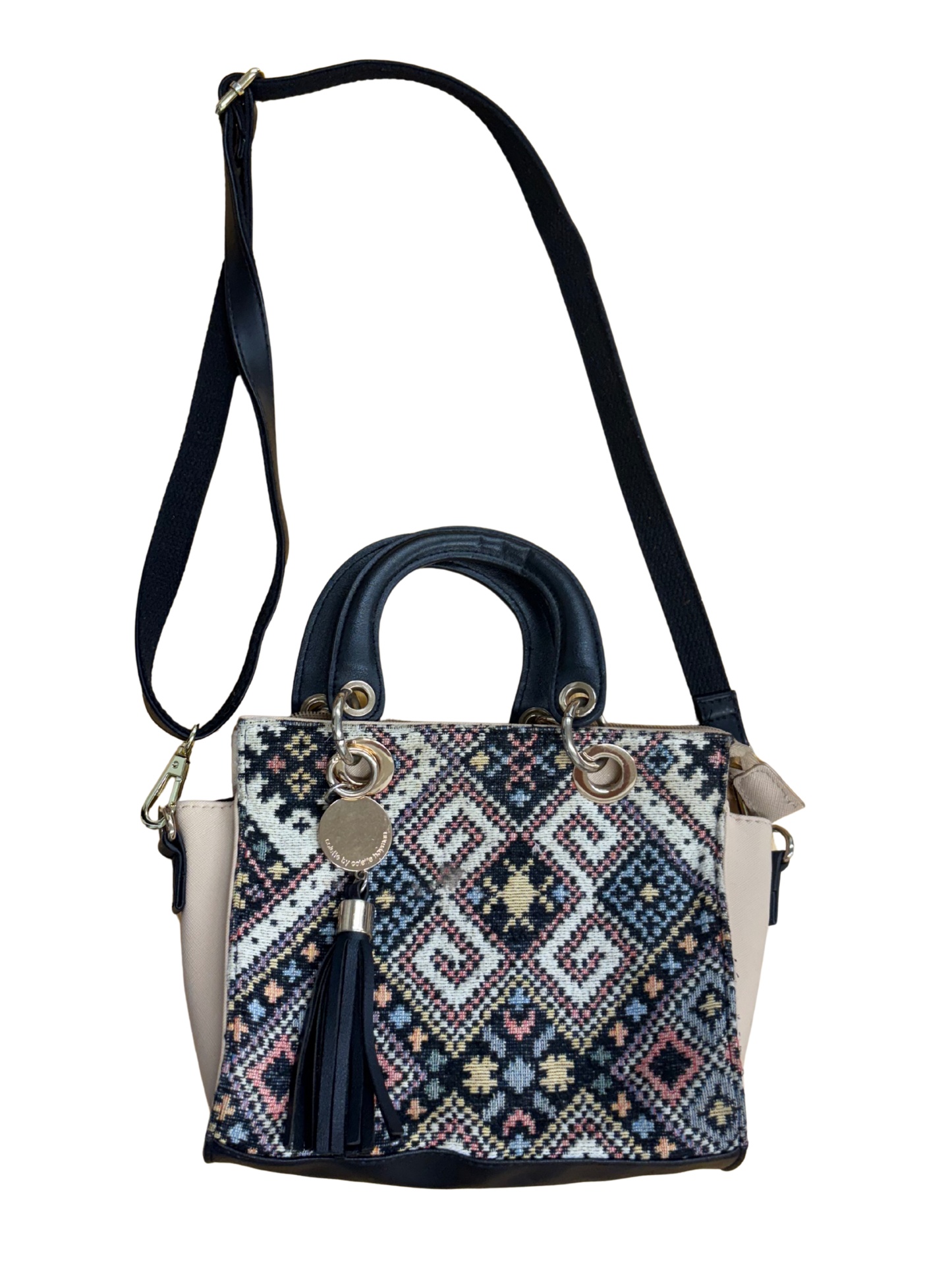 Cream & Black Geometric Pattern Handbag with Short & Long Straps