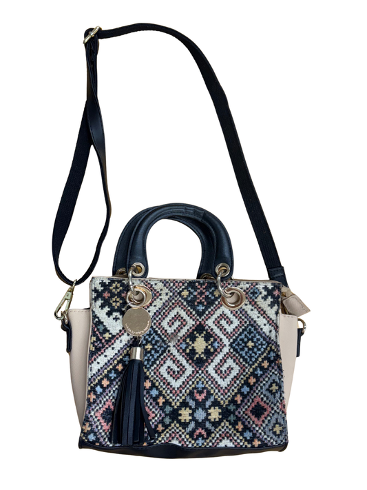 Cream & Black Geometric Pattern Handbag with Short & Long Straps