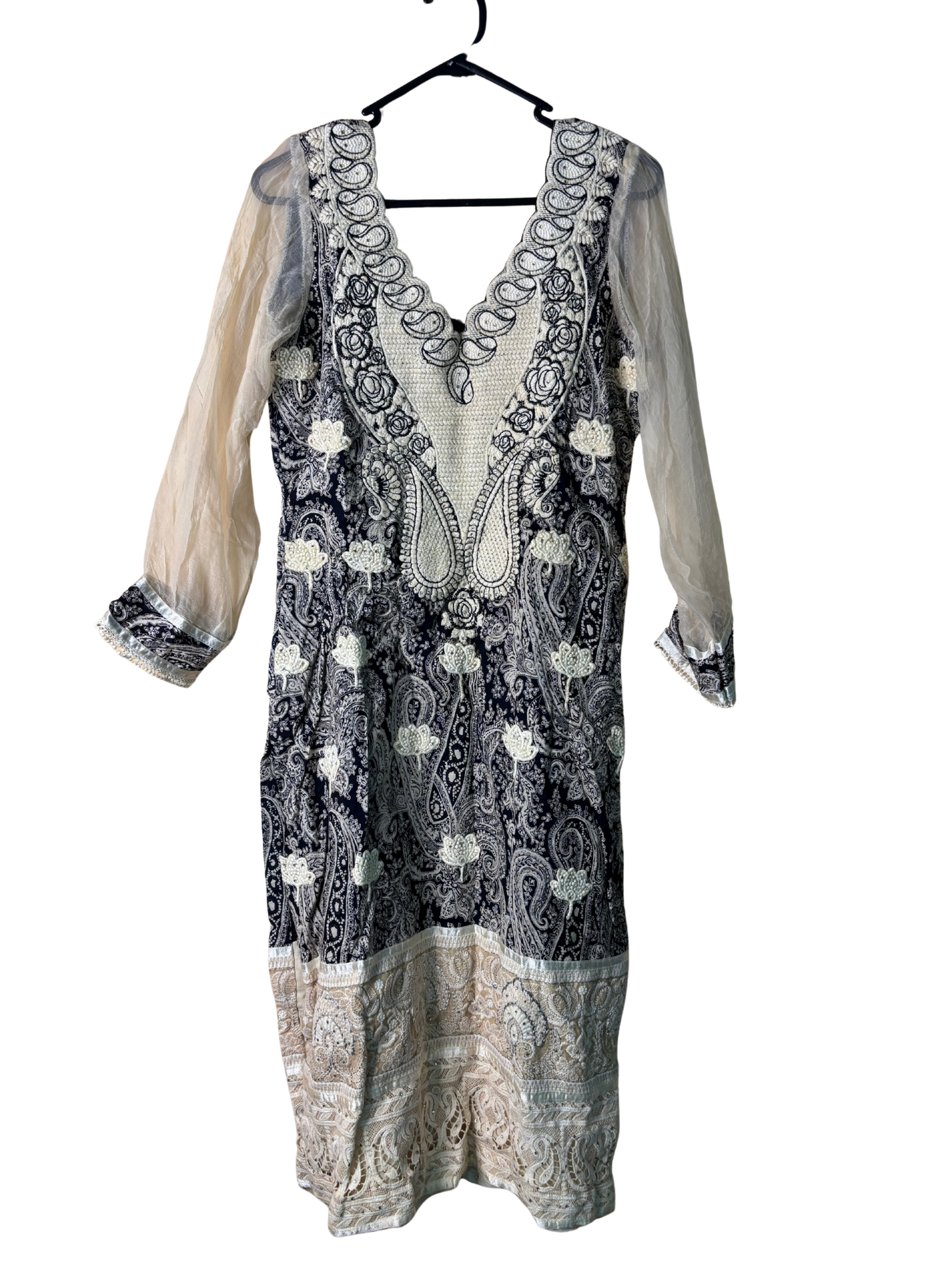Cream & Dark Blue Paisley Patterned/Embroidered Kameez/Split Dress