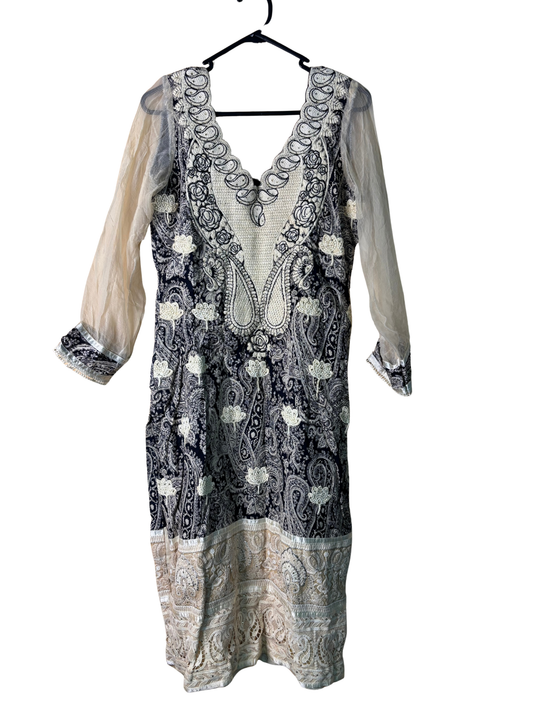 Cream & Dark Blue Paisley Patterned/Embroidered Kameez/Split Dress