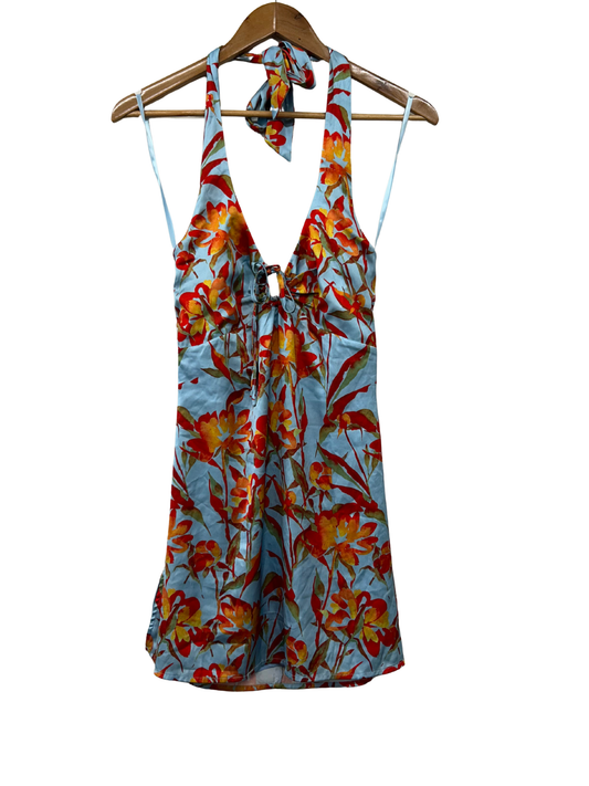Blue, Orange & Green Sleeveless Halter Neck Mini Dress