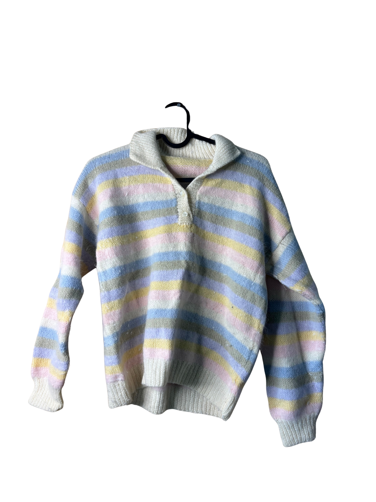 Vintage Pastel Yellow, Green, Blue Stripe Quarter Button Crop Knit