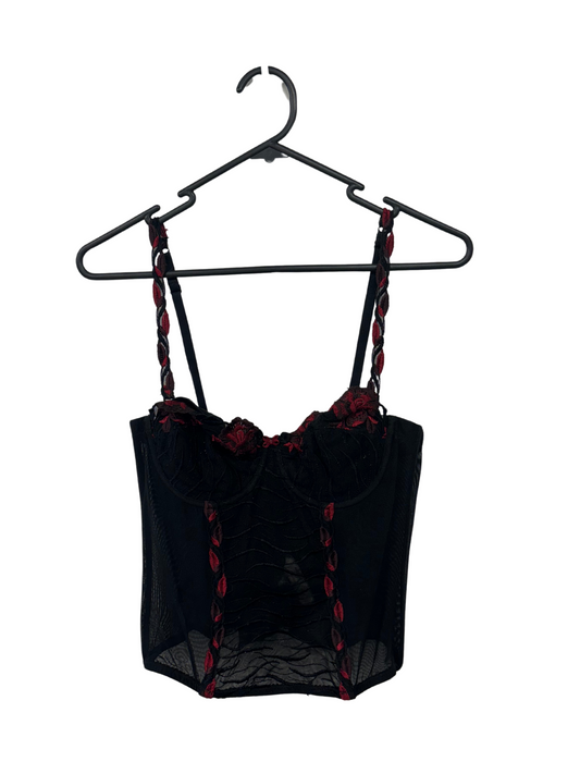 Black Mesh Sheer Strappy Corset with Red Leaf Detail