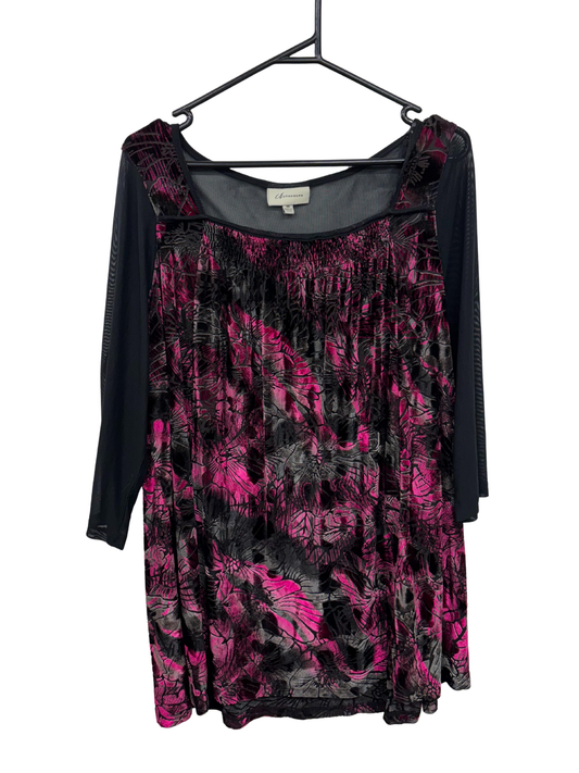 Pink & Black Velvet Floral Print Long Sleeve Top