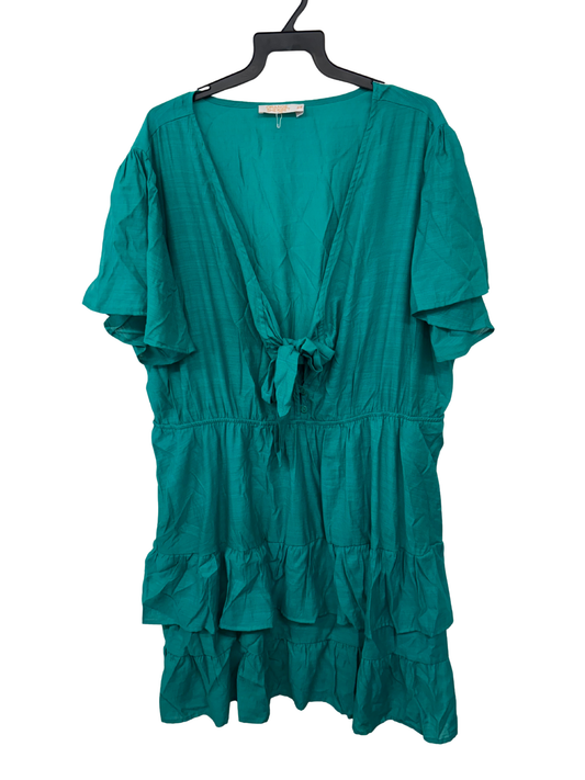 Green Short Sleeve Tie Front Tiered Short Dress