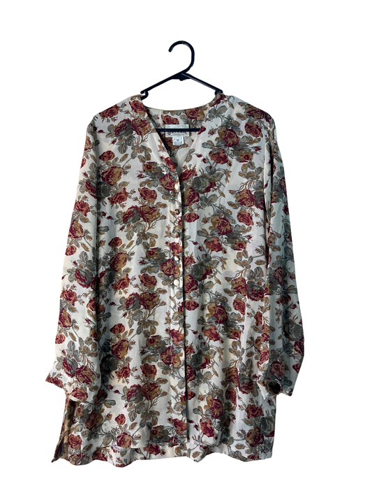Vintage Cream, Maroon, Green Floral Long Sleeve Semi-Sheer Top