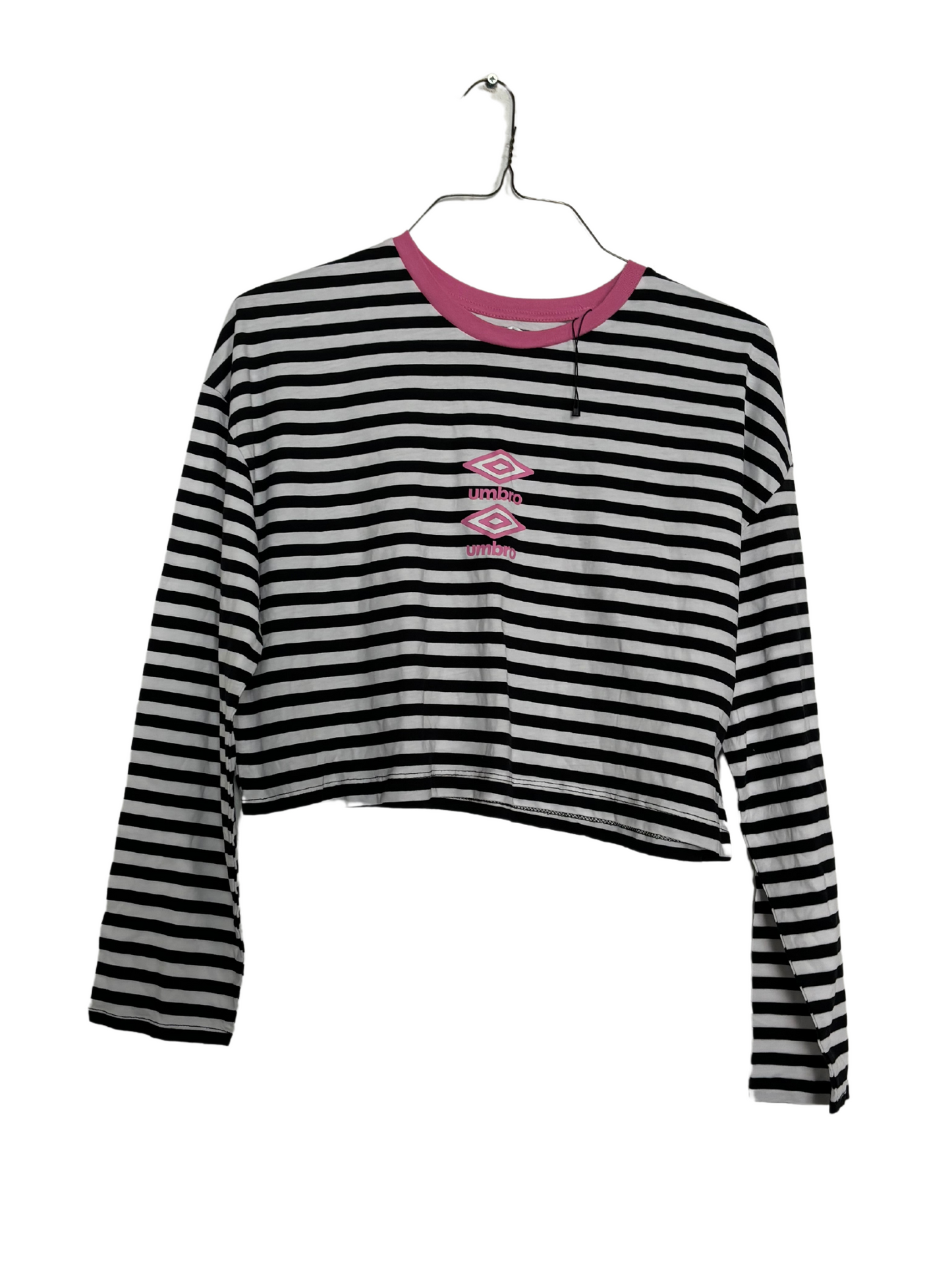 Black & White Striped Long Sleeve Crop Top Shirt with Pink Logo