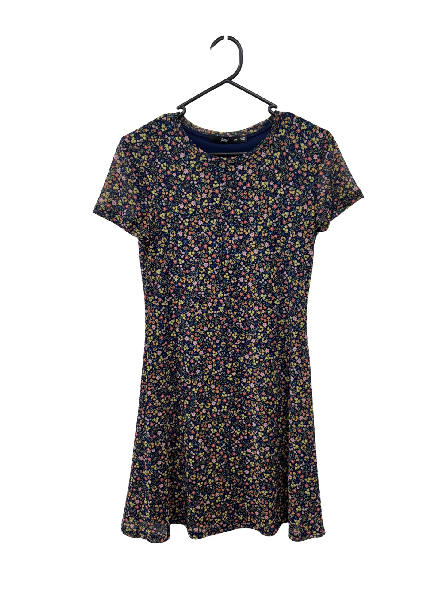 Blue & Multicolour Floral Pattern Short Sleeve Knee Length Dress