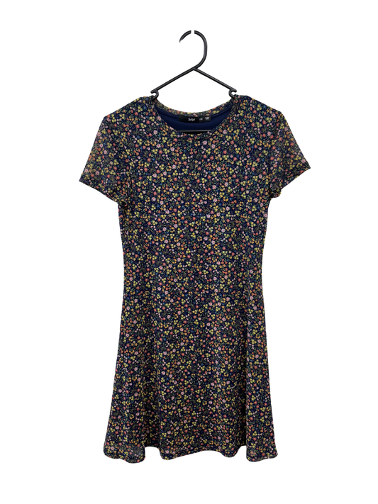 Blue & Multicolour Floral Pattern Short Sleeve Knee Length Dress