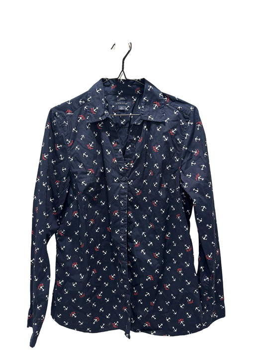 Dark Blue, White & Red Anchor Print Long Sleeve Fitted Style Button Up Shirt