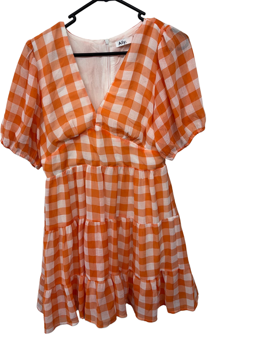 Orange & White Check Short Sleeve Dress