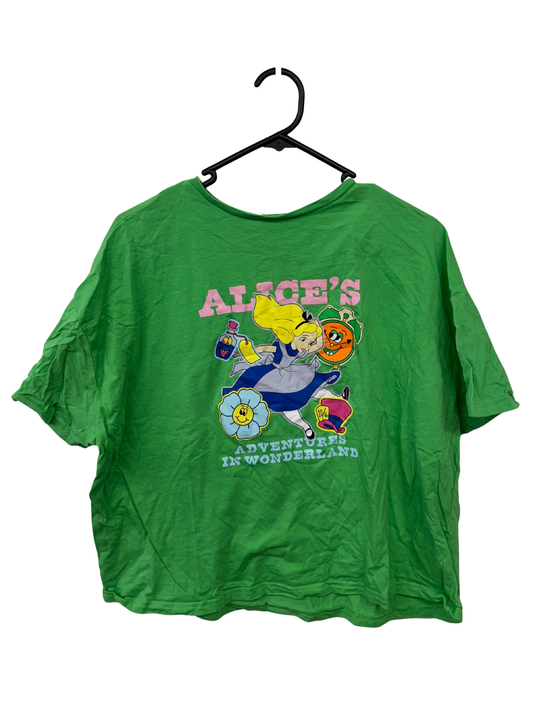 Green Short Sleeve Boxy T Shirt with Alice in Wonderland Print