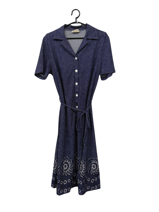 Vintage Navy & White Dotted Maxi Dress with Floral Patterned Hem